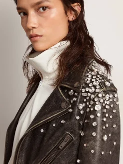 Sale Golden Goose Jaqueta de couro feminina efeito desgastado e cristais cabochão Cor: preto