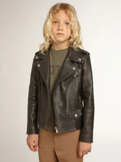 Discount Golden Goose Jaqueta de couro infantil masculina com tratamento desgastado Golden Collection