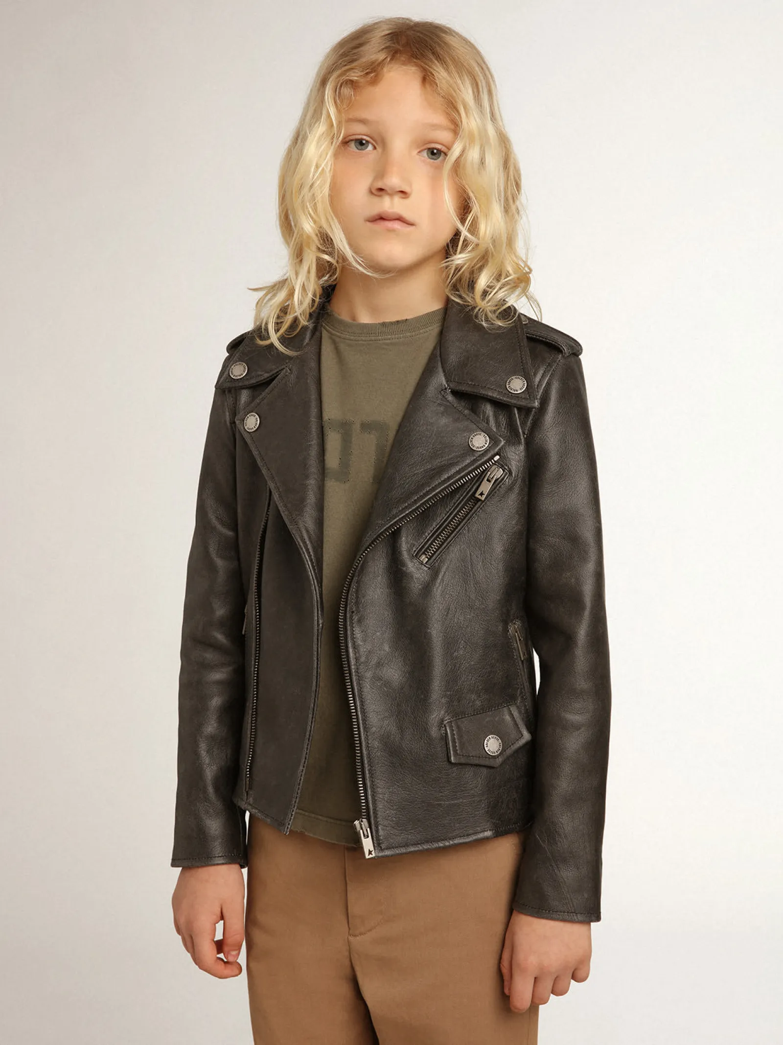 Discount Golden Goose Jaqueta de couro infantil masculina com tratamento desgastado Golden Collection