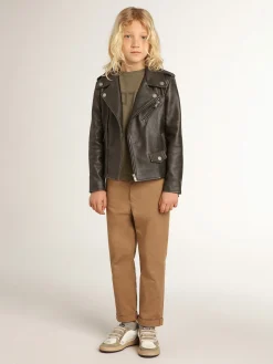 Discount Golden Goose Jaqueta de couro infantil masculina com tratamento desgastado Golden Collection