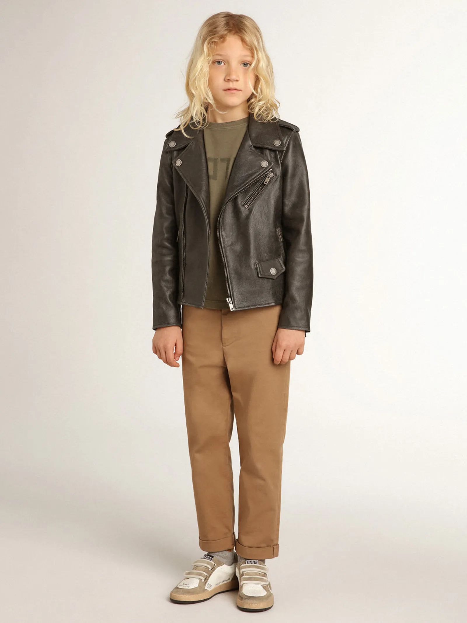 Discount Golden Goose Jaqueta de couro infantil masculina com tratamento desgastado Golden Collection