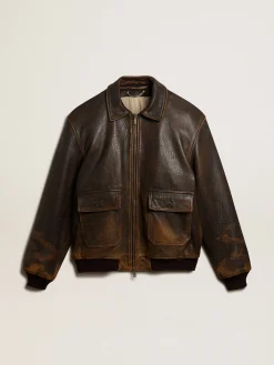 Cheap Golden Goose Jaqueta de couro marrom de inspiração aviador Coleção Journey