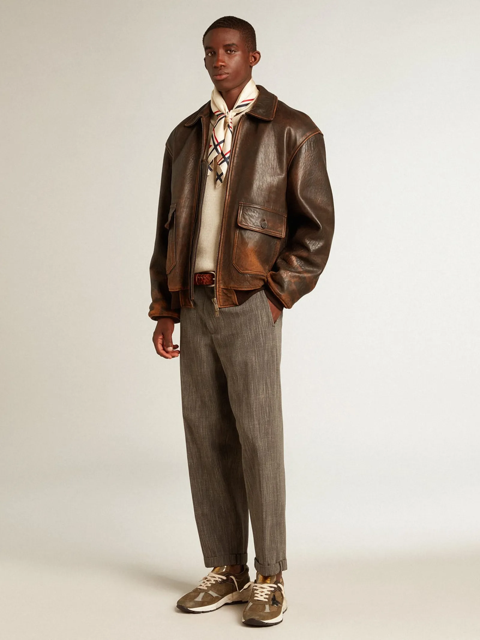 Cheap Golden Goose Jaqueta de couro marrom de inspiração aviador Coleção Journey