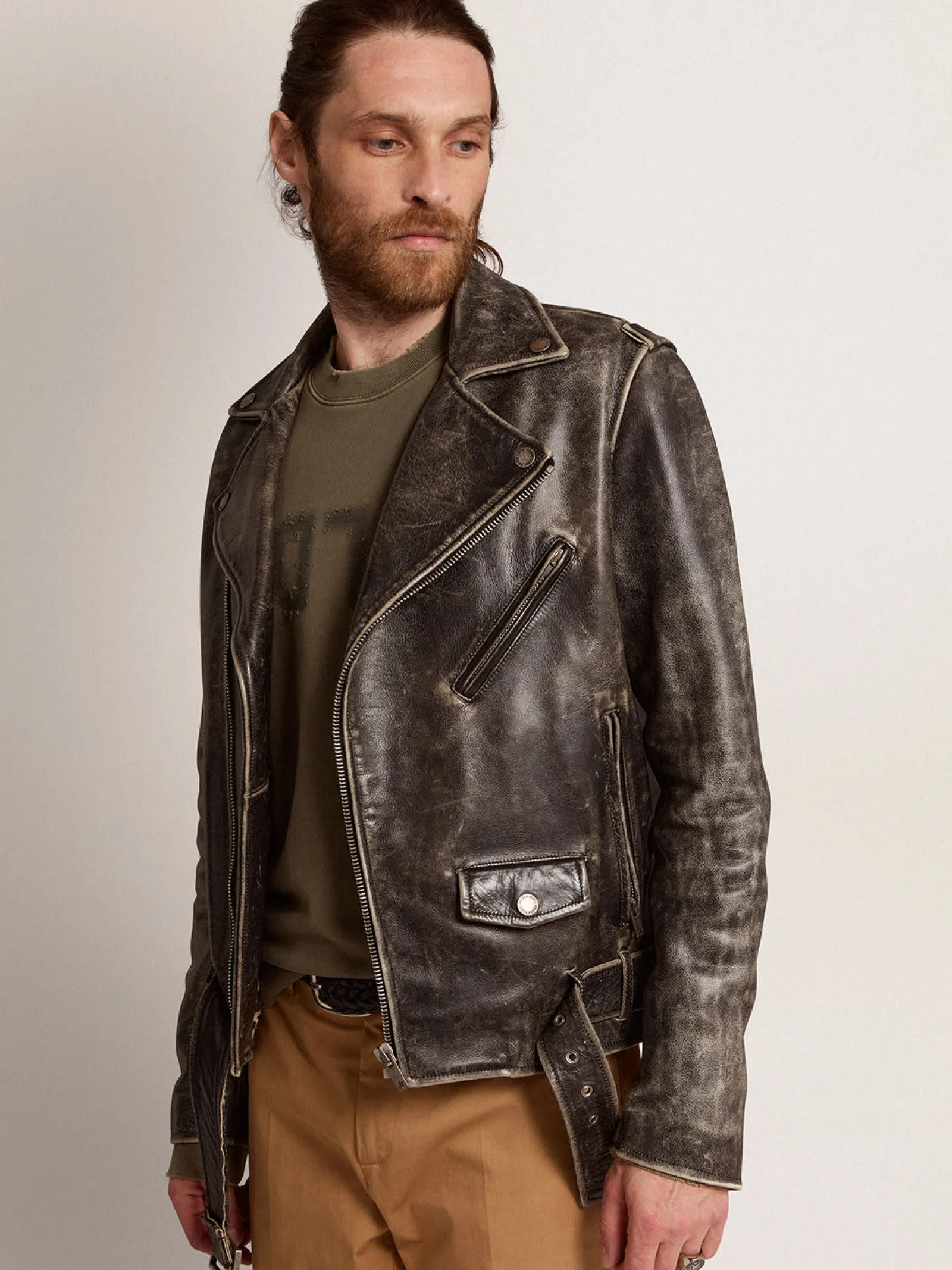 Hot Golden Goose Jaqueta de couro masculina com tratamento desgastado Cor: preto