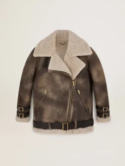 Outlet Golden Goose Jaqueta feminina de couro com gola de shearling Cor: creme com veias cinza de efeito nublado