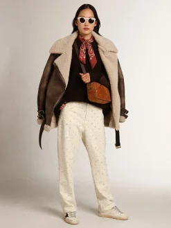 Outlet Golden Goose Jaqueta feminina de couro com gola de shearling Cor: creme com veias cinza de efeito nublado