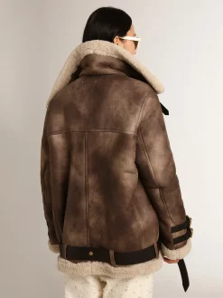 Outlet Golden Goose Jaqueta feminina de couro com gola de shearling Cor: creme com veias cinza de efeito nublado