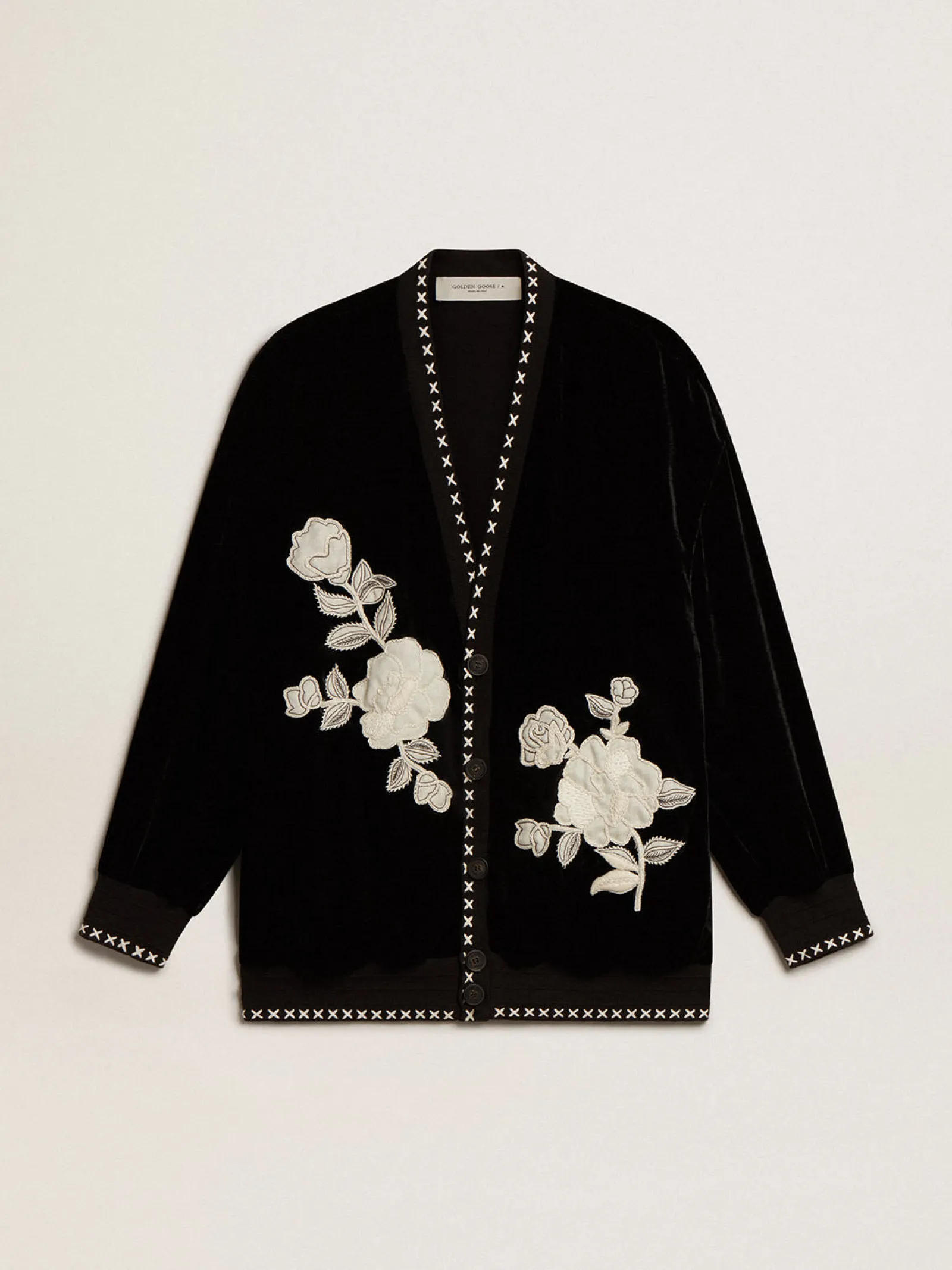 Clearance Golden Goose Jaqueta preta de veludo com bordado floral na frente Coleção Journey