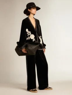 Clearance Golden Goose Jaqueta preta de veludo com bordado floral na frente Coleção Journey