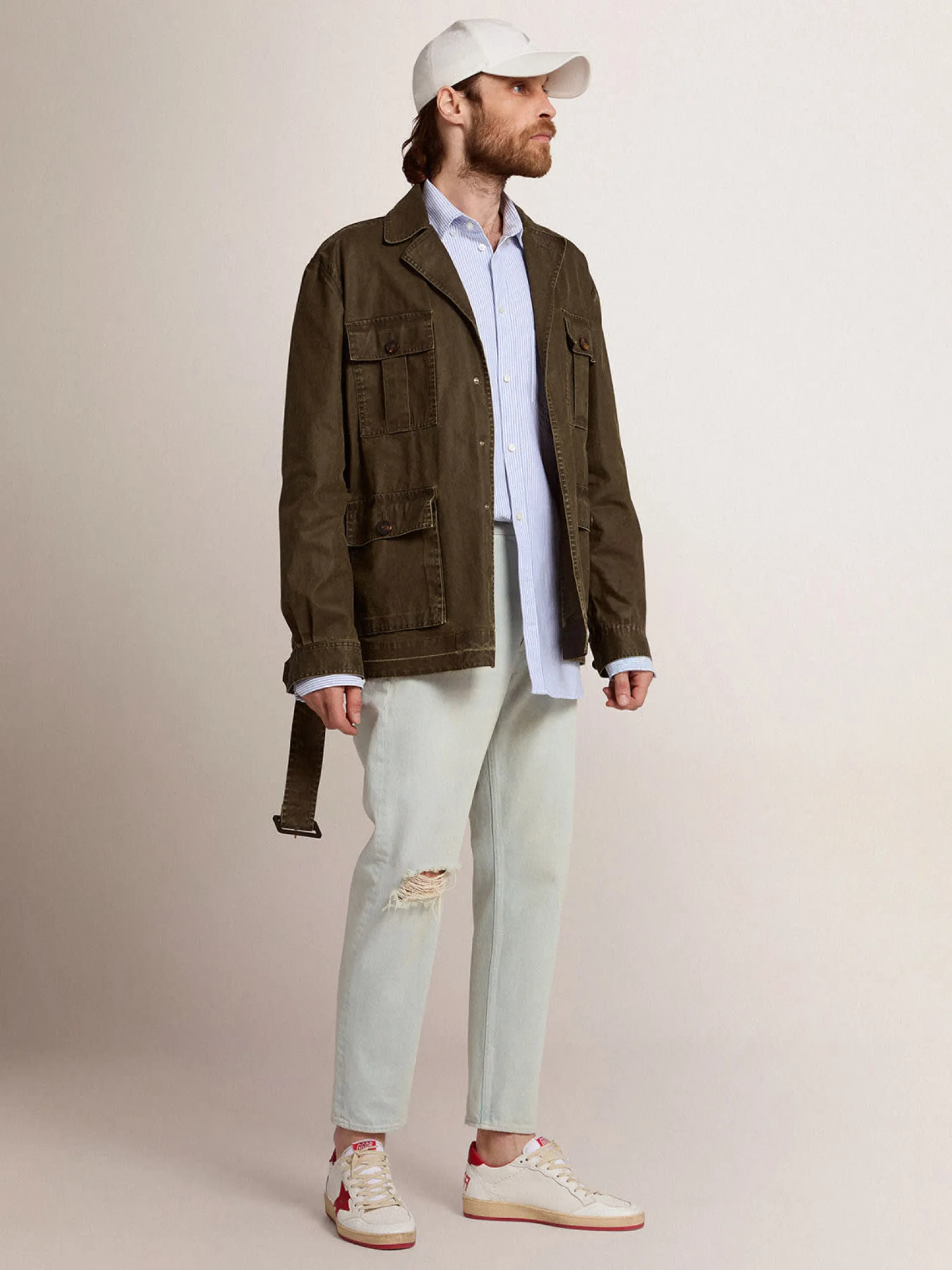 Hot Golden Goose Jaqueta safari masculina de lona verde-militar Cor: verde militar