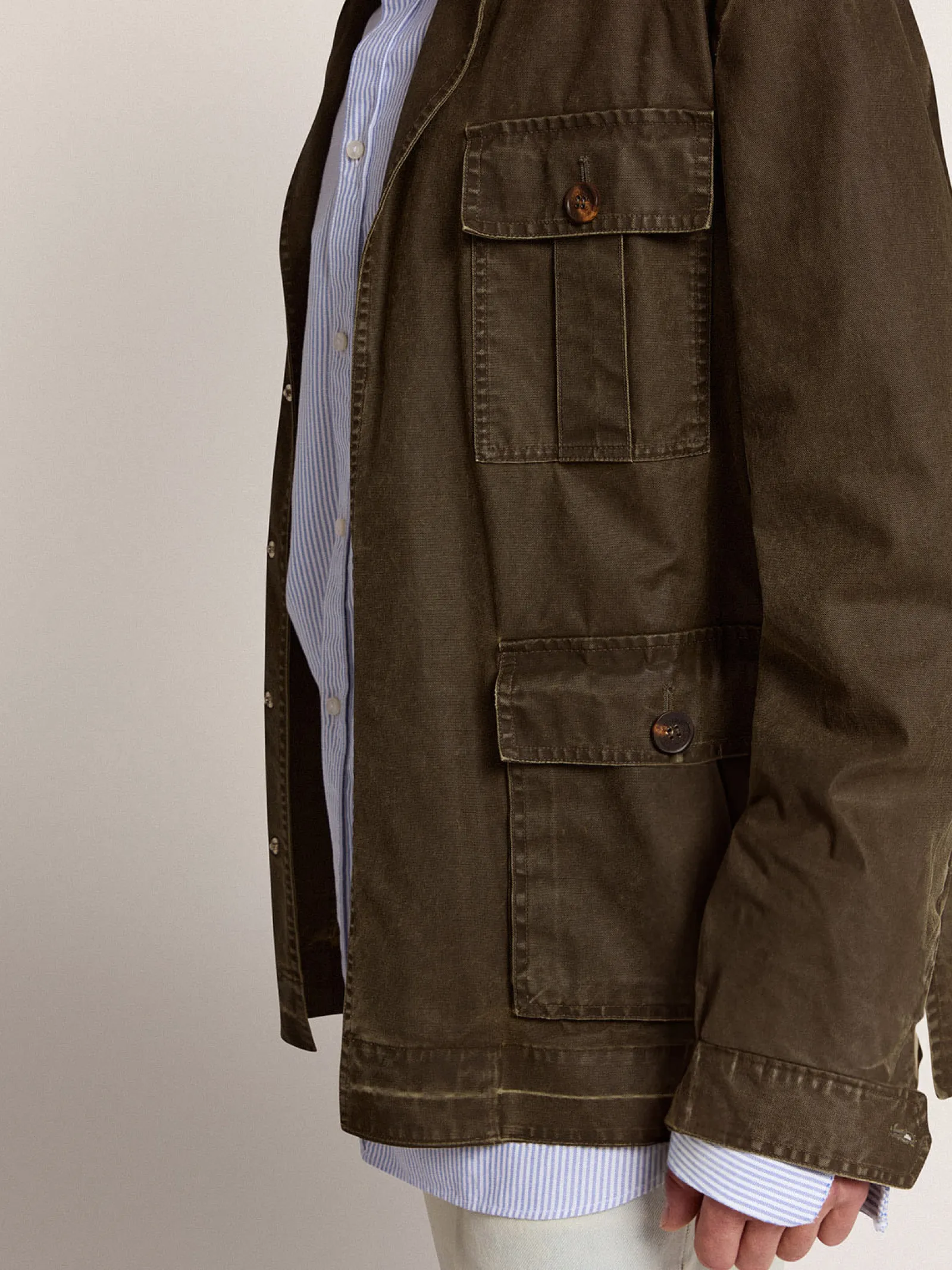 Hot Golden Goose Jaqueta safari masculina de lona verde-militar Cor: verde militar
