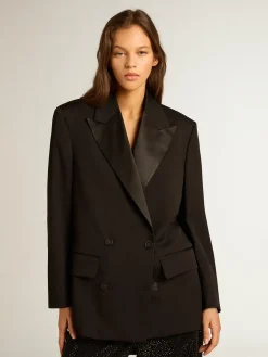 Shop Golden Goose Jaqueta smoking feminina em gabardine de lã preta Coleção Golden