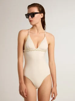 Shop Golden Goose Maiô branco com bordado de pérolas Coleção Resort