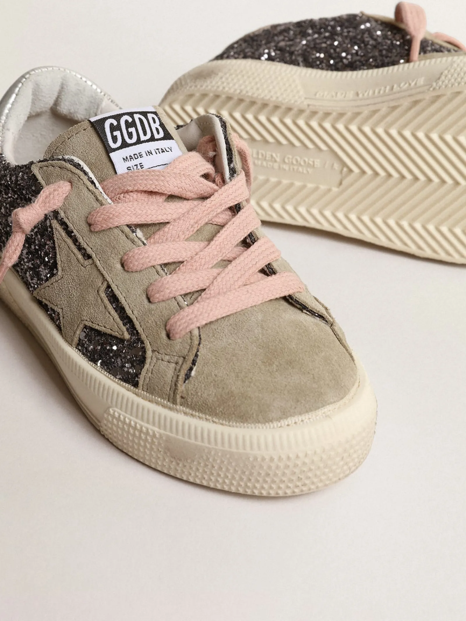 Cheap Golden Goose May Junior de glitter antracite com estrela de suede havana-rosado Cabedal de glitter antracite