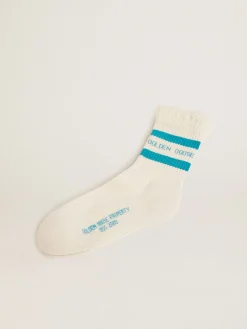 Discount Golden Goose Meias brancas com tratamento desgastado com logo e listras turquesa Cor: branco papiro