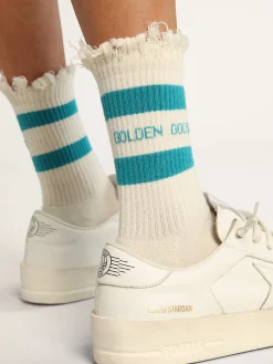 Discount Golden Goose Meias brancas com tratamento desgastado com logo e listras turquesa Cor: branco papiro