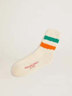New Golden Goose Meias brancas com tratamento desgastado com listras verde e laranja Cor: branco papiro
