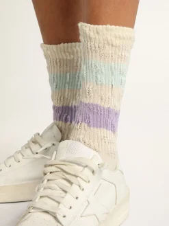 Best Golden Goose Meias brancas com tratamento desgastado com listras lilás e azul bebê Cor: branco papiro