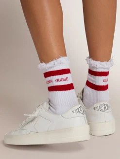 Discount Golden Goose Meias de algodão com acabamento desgastado, listras vermelhas e logo Material principal: algodão 74%, poliamida 25%, 1% elastano