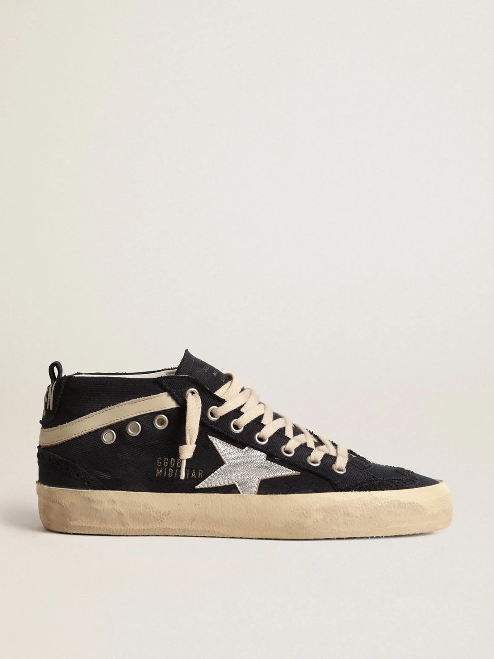 Cheap Golden Goose Mid Star de algodão azul com estrela prateada e lista de couro Cabedal de algodão azul-marinho