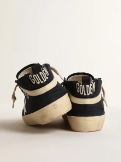 Cheap Golden Goose Mid Star de algodão azul com estrela prateada e lista de couro Cabedal de algodão azul-marinho