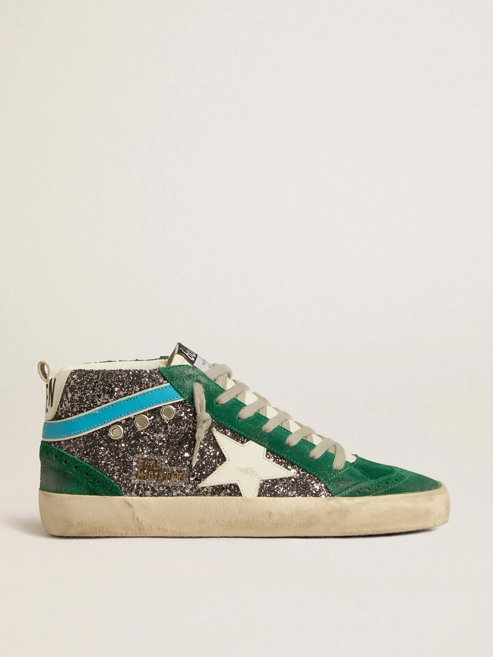 New Golden Goose Mid Star de glitter antracite com estrela de couro e lista azul Cabedal de glitter antracite