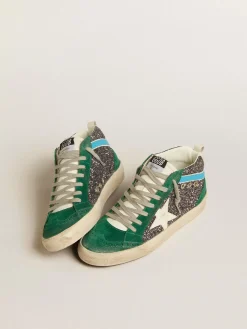 New Golden Goose Mid Star de glitter antracite com estrela de couro e lista azul Cabedal de glitter antracite