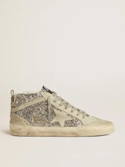 Fashion Golden Goose Mid Star de glitter prateado com estrela e lista de suede gelo Cabedal de glitter prateado
