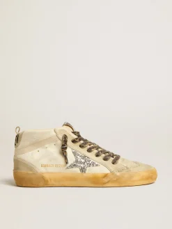 Best Sale Golden Goose Mid Star de lona com estrela de glitter prateado e lista bege Cabedal de lona bege claro