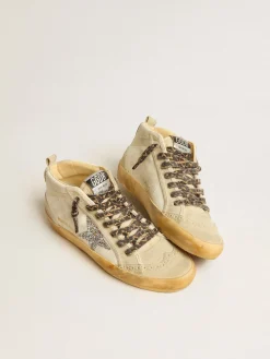 Best Sale Golden Goose Mid Star de lona com estrela de glitter prateado e lista bege Cabedal de lona bege claro