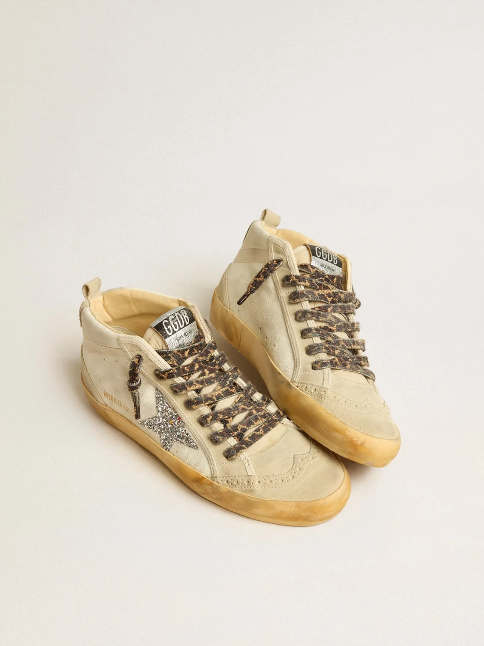 Best Sale Golden Goose Mid Star de lona com estrela de glitter prateado e lista bege Cabedal de lona bege claro