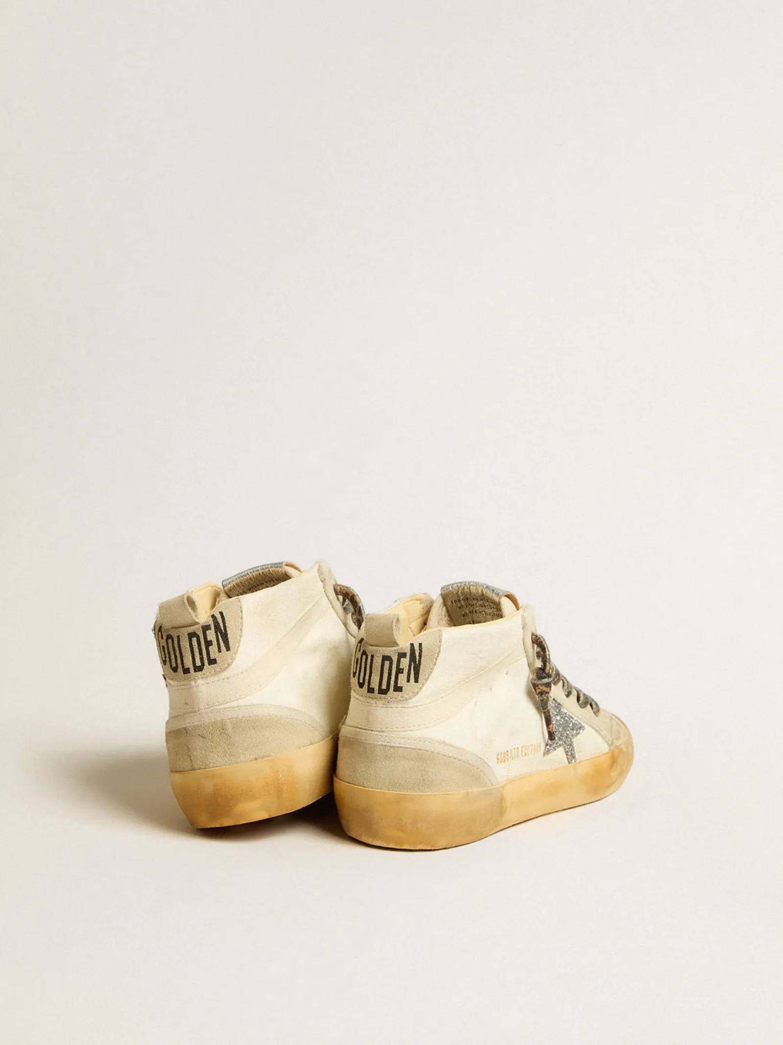 Best Sale Golden Goose Mid Star de lona com estrela de glitter prateado e lista bege Cabedal de lona bege claro