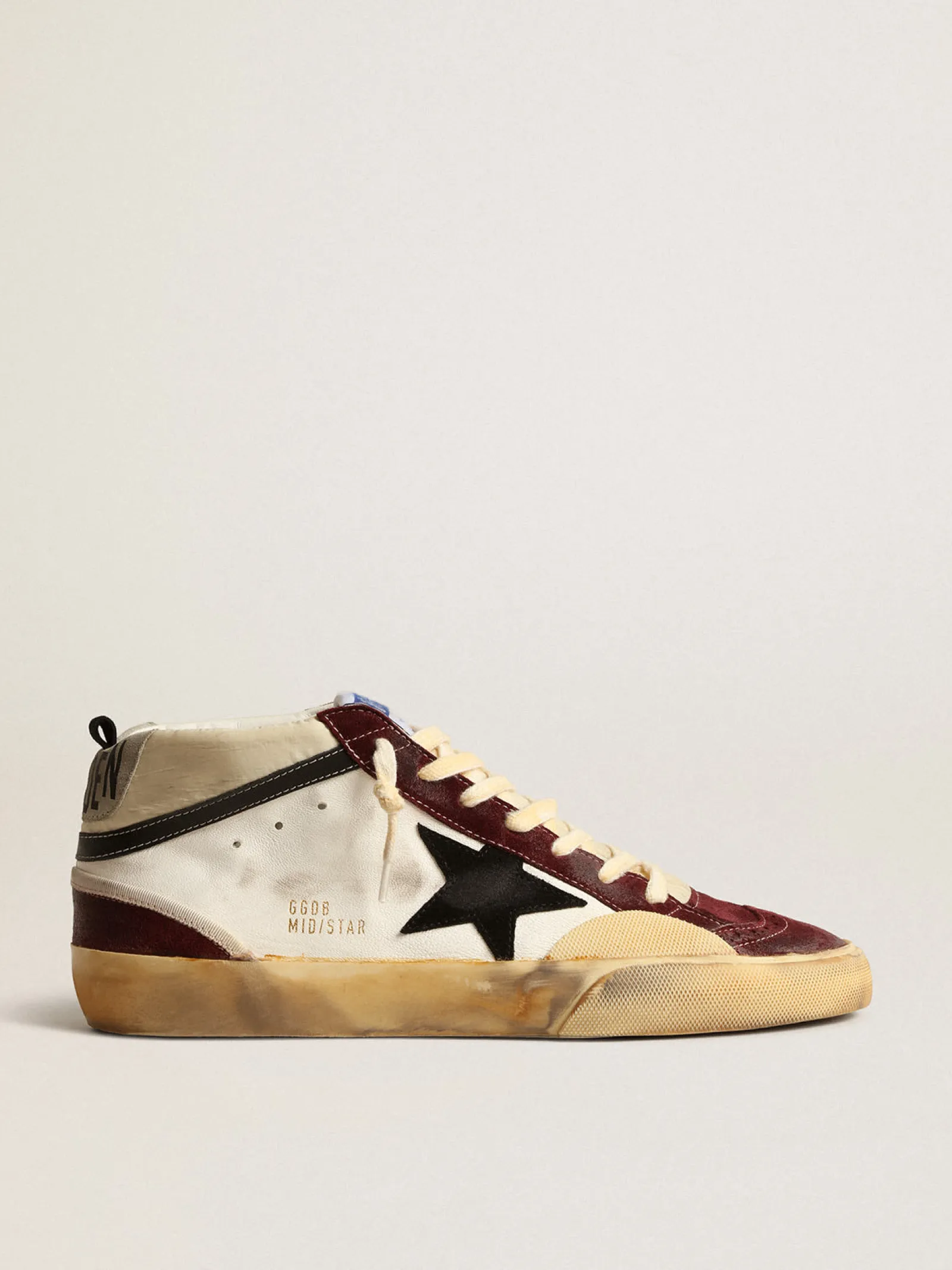 Cheap Golden Goose Mid Star de napa com estrela de suede preto e inserções cor vinho Cabedal de napa branca e náilon creme