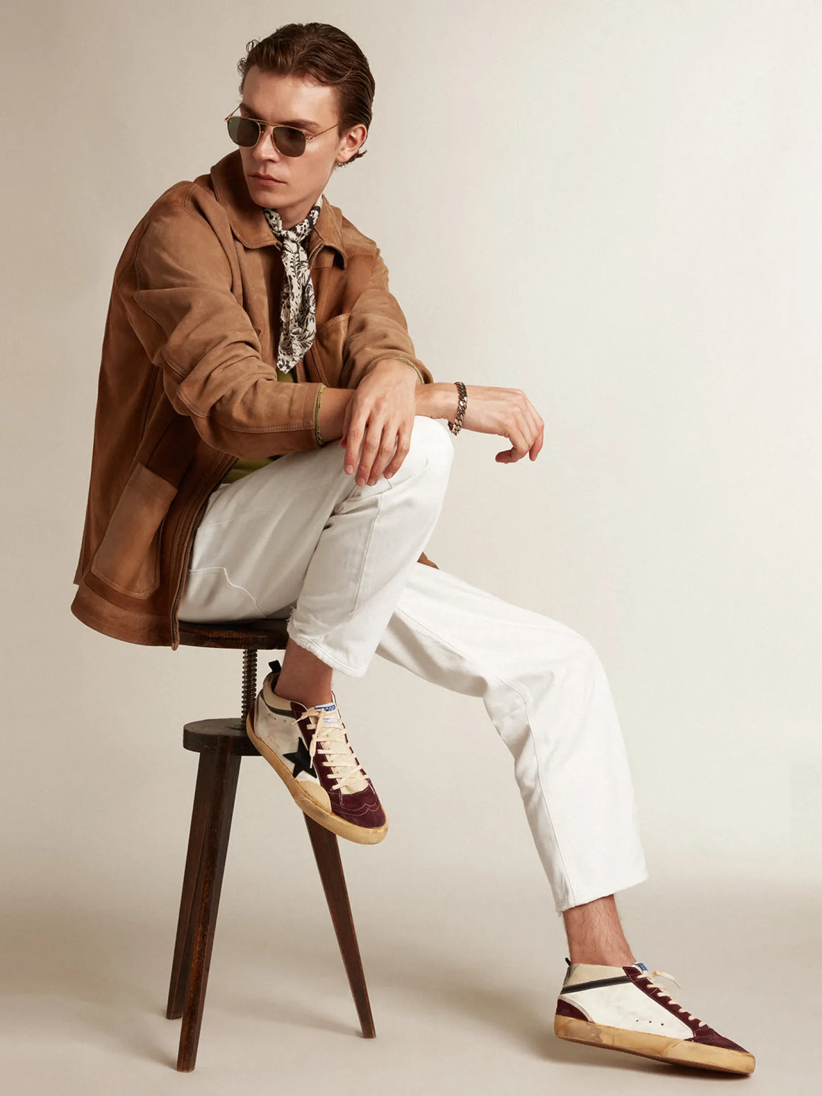 Cheap Golden Goose Mid Star de napa com estrela de suede preto e inserções cor vinho Cabedal de napa branca e náilon creme