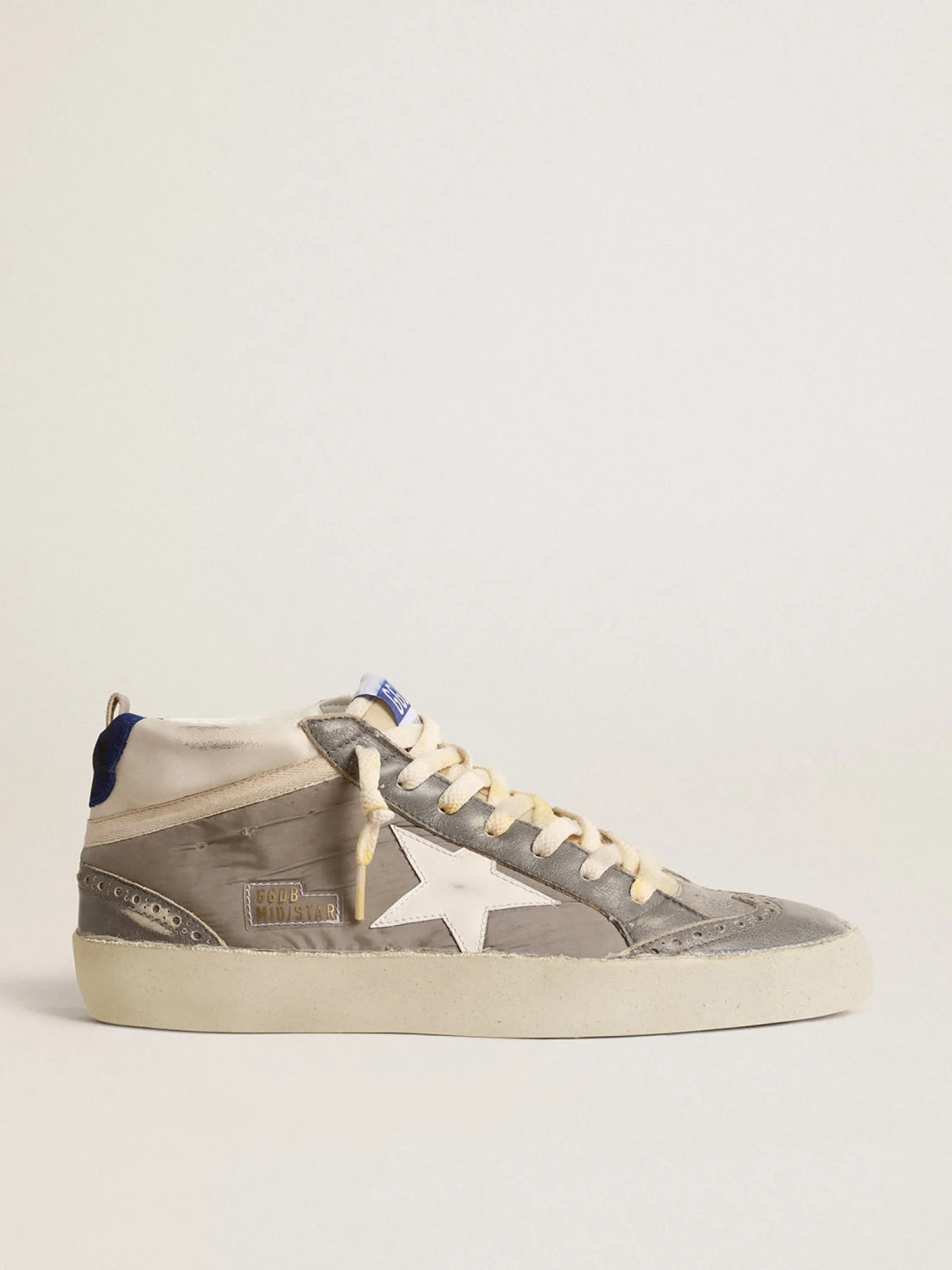 Flash Sale Golden Goose Mid Star de náilon cinza e napa com estrela de couro branco Cabedal de náilon cinza e napa branca