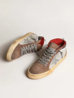 Outlet Golden Goose Mid Star de tela e suede com estrela de couro prateado Cabedal de tela prateada clara e suede marrom