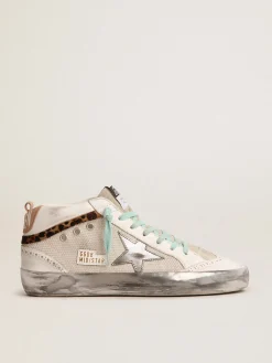 Sale Golden Goose Mid Star Feminino com estrela prateada e lista de couro cavalinho leopardo Cabedal em malha e couro nas cores branco e prata claro