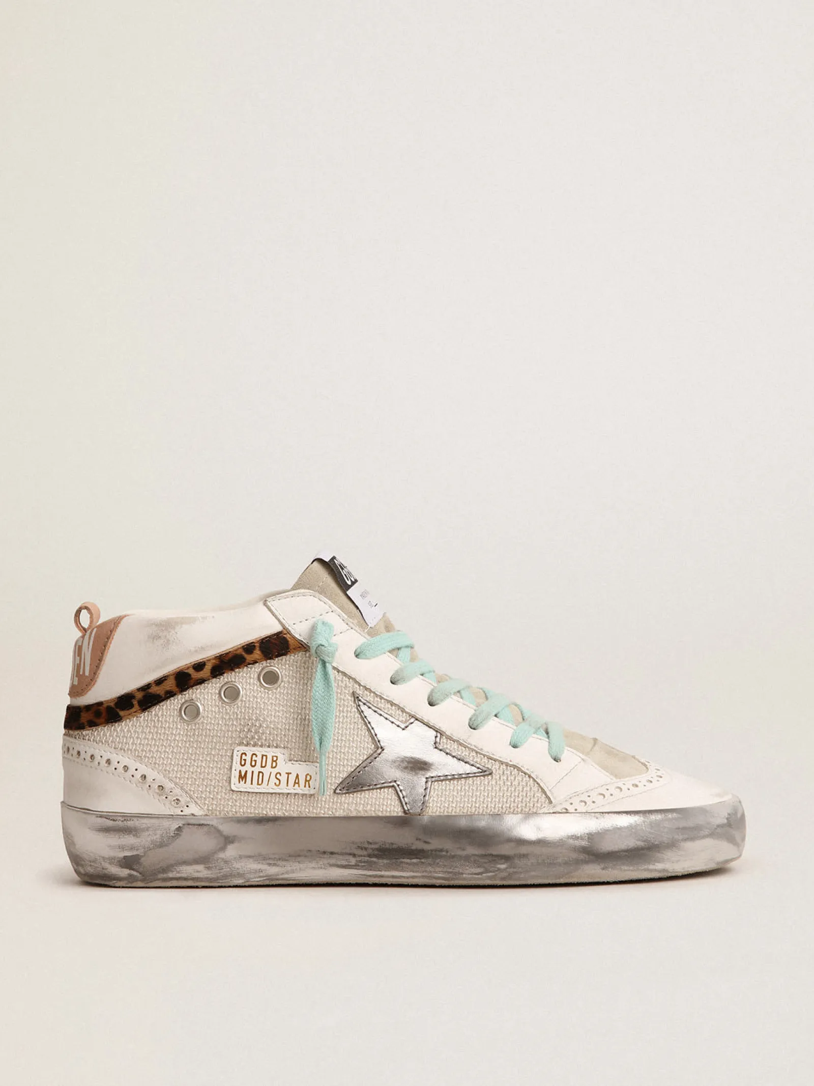 Sale Golden Goose Mid Star Feminino com estrela prateada e lista de couro cavalinho leopardo Cabedal em malha e couro nas cores branco e prata claro