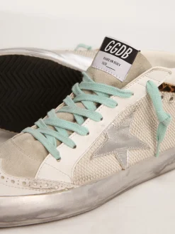 Sale Golden Goose Mid Star Feminino com estrela prateada e lista de couro cavalinho leopardo Cabedal em malha e couro nas cores branco e prata claro