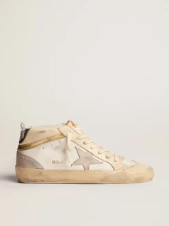 Flash Sale Golden Goose Mid Star feminino com estrela de suede cinza-claro e lista dourada Cor: branco e marfim