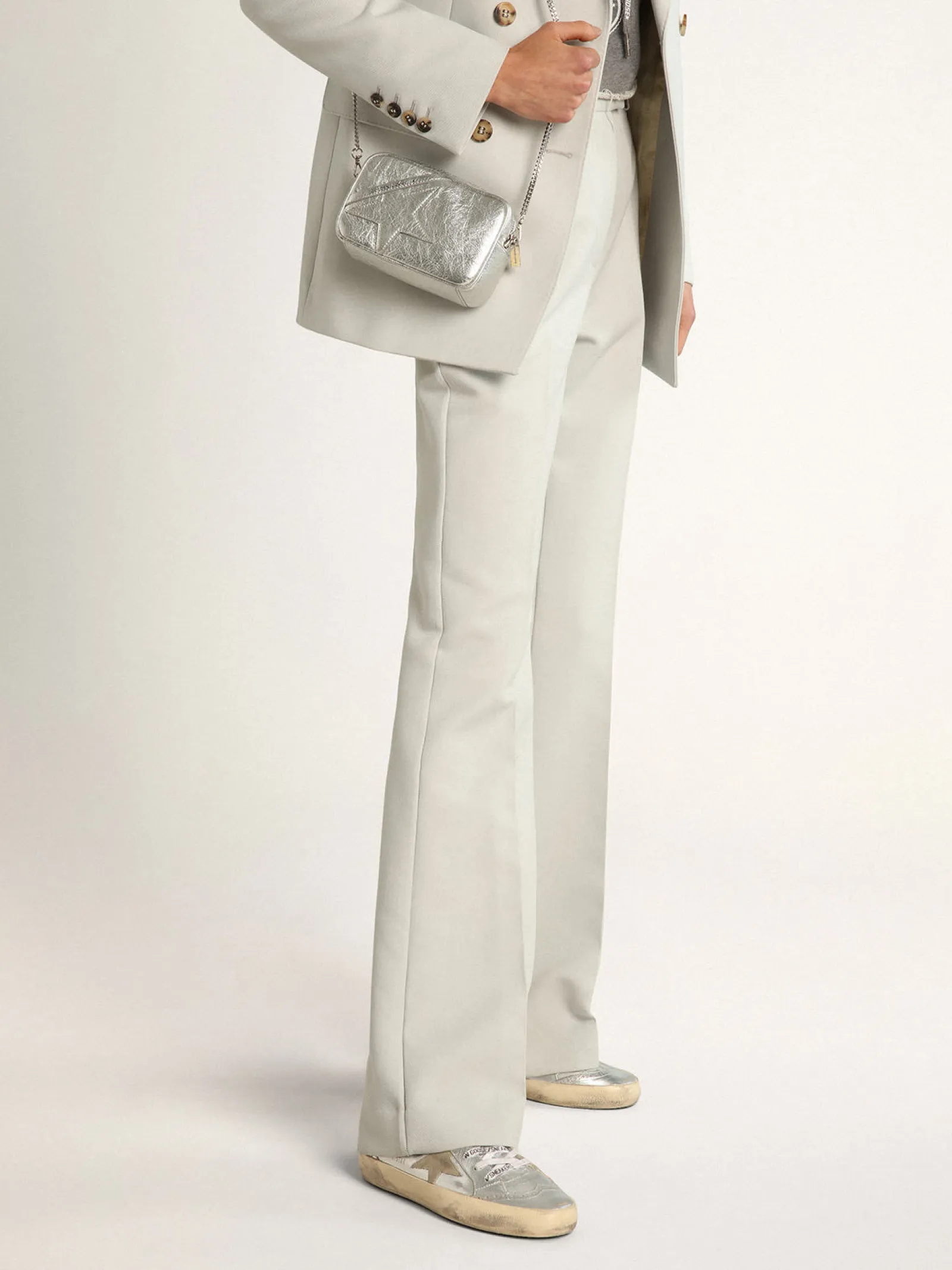 New Golden Goose Mid Star feminino de couro metálico prateado com estrela havana-rosado Cabedal de couro metálico prateado