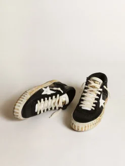 Discount Golden Goose Mid Star Feminino de napa e suede pretos com estrela branca Cabedal de napa e suede pretos