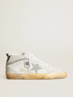 Shop Golden Goose Mid Star feminino de suede branco com estrela e lista Swarovski Cabedal de suede branco