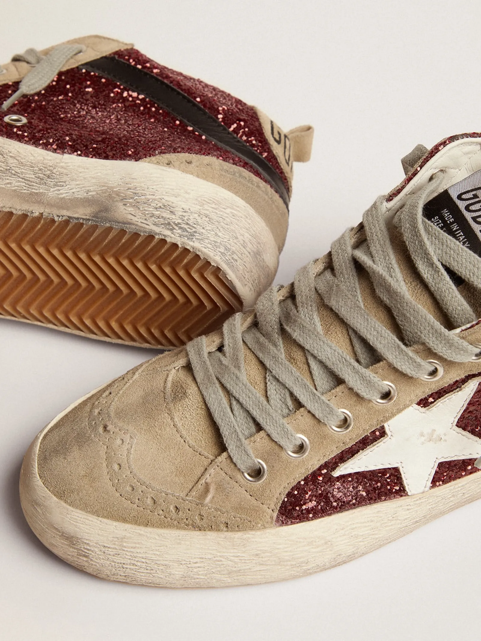 Clearance Golden Goose Mid Star feminino em glitter bordô com inserções cinza e estrela branca Cabedal de glitter bordô