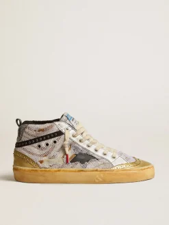 Cheap Golden Goose Mid Star LAB de couro cavalinho e tela com estrela preta e lista com tachas Cabedal de couro cavalinho com estampa de zebra nos tons de branco e caramelo com inserções de tela branca