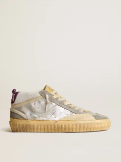 Best Golden Goose Mid Star LAB de couro metálico prateado e tela com estrela perfurada Cabedal de couro laminado prateado