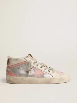 Best Golden Goose Mid Star LTD de couro metálico prateado com estrela e lista rosa Cabedal de couro metálico prateado