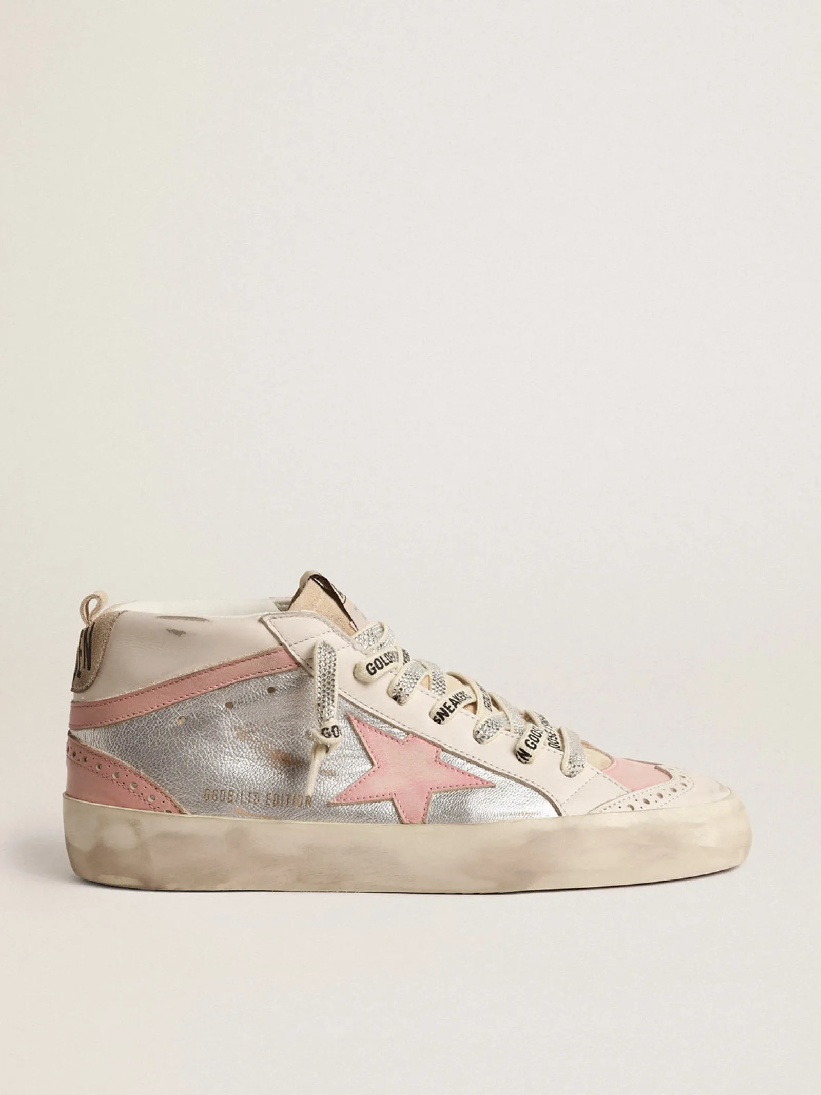 Best Golden Goose Mid Star LTD de couro metálico prateado com estrela e lista rosa Cabedal de couro metálico prateado