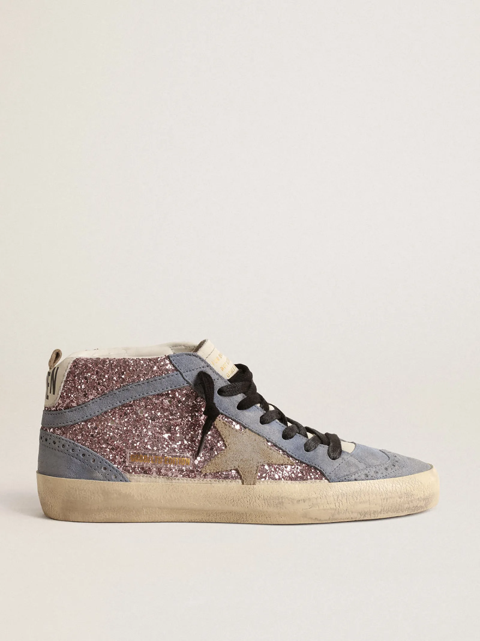 Fashion Golden Goose Mid Star LTD de glitter lilás com inserções de suede azul Cabedal de glitter lilás