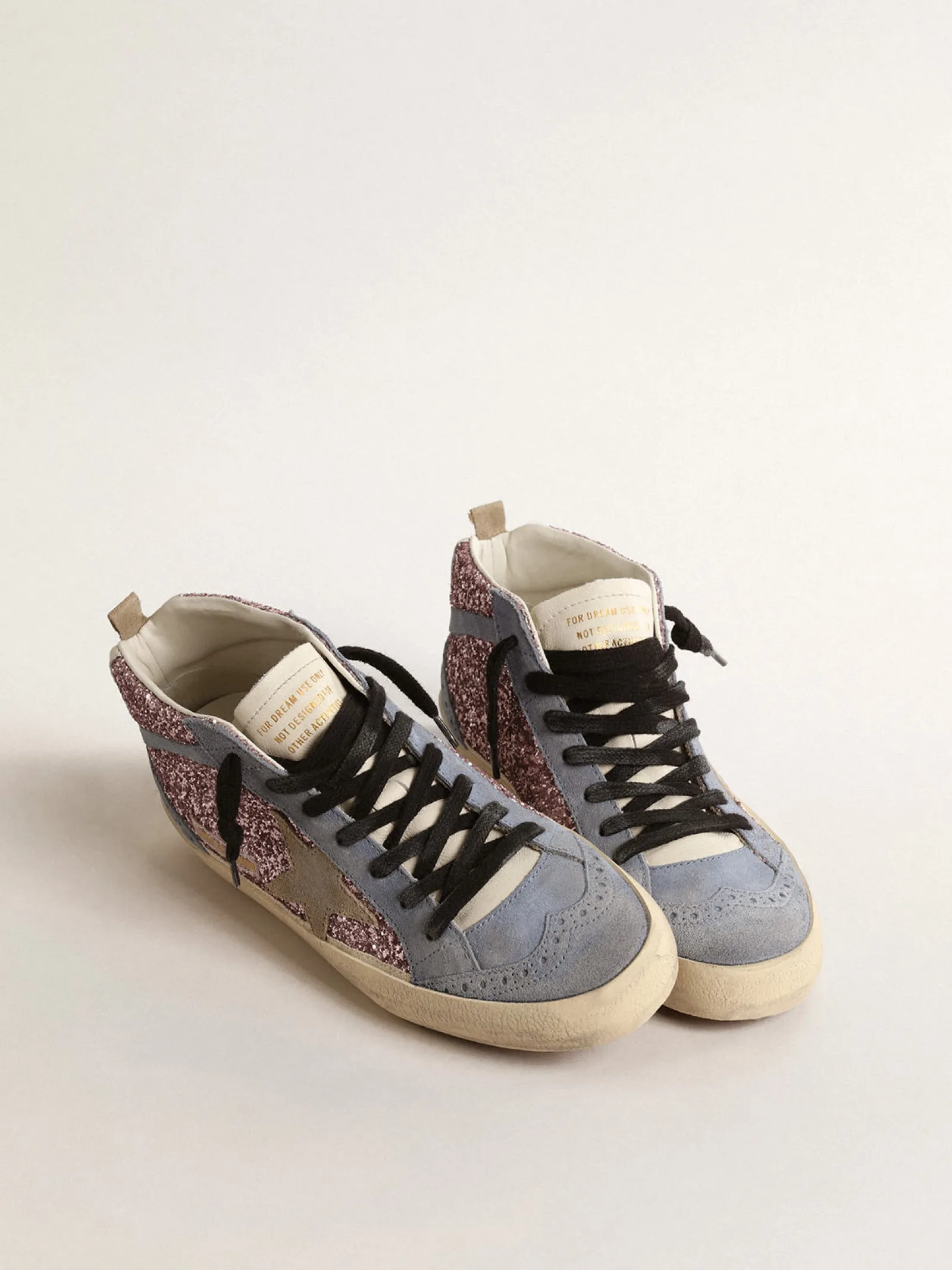 Fashion Golden Goose Mid Star LTD de glitter lilás com inserções de suede azul Cabedal de glitter lilás